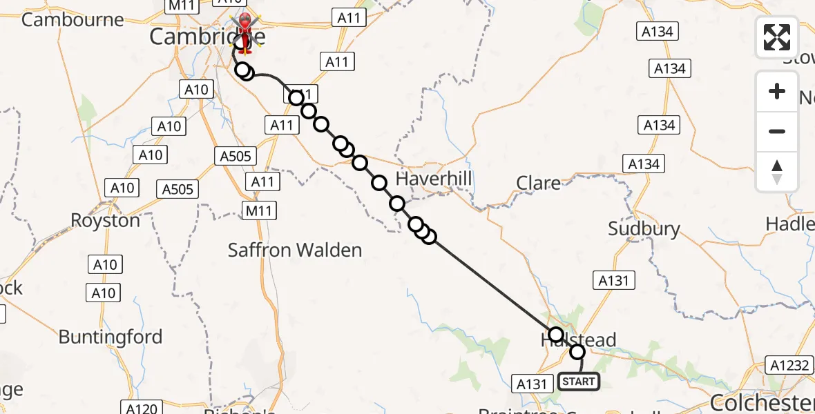 Flight route Air Ambulance Helicopter Braintree - Cambridge City Airport, 15 August 2026, 01:00