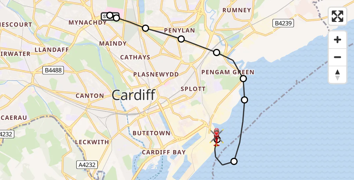 Flight route Air Ambulance Helicopter Birchgrove - Cardiff Heliport, 15 August 2026, 01:38