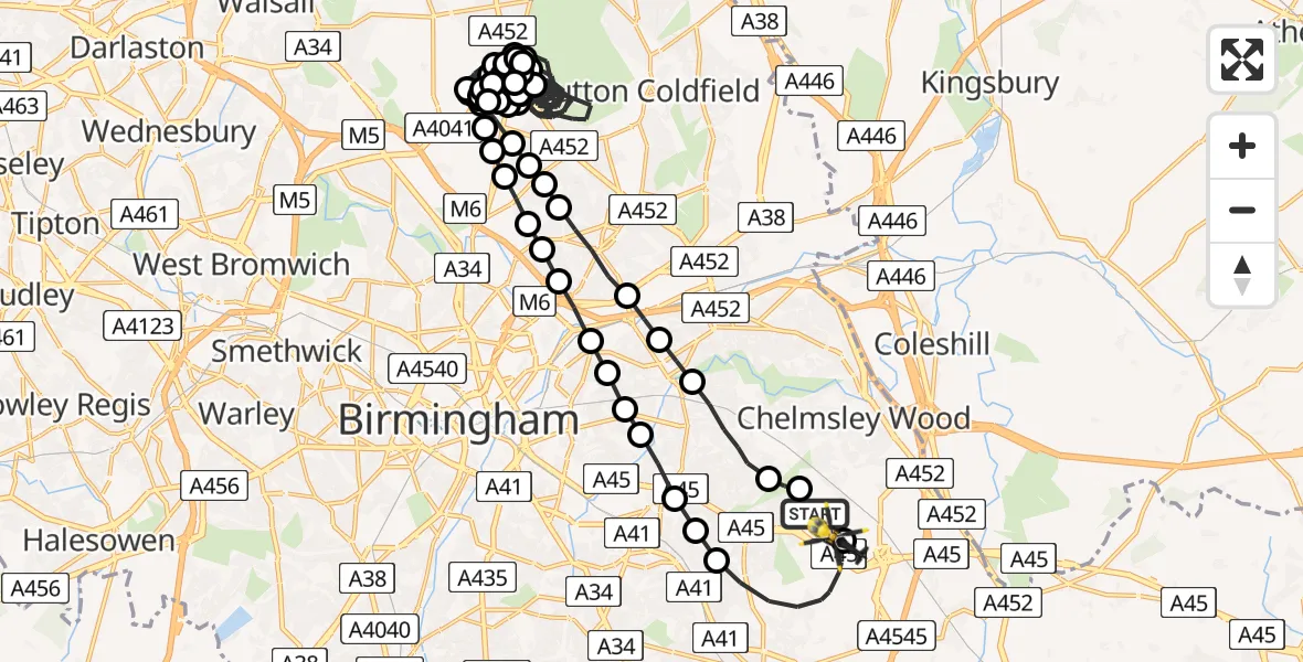 Flight route Police Helicopter Birmingham Airport - Birmingham Airport, 15 August 2026, 01:52
