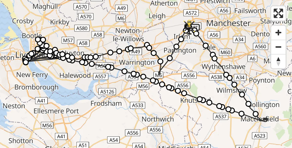 Flight route Police Helicopter Manchester Barton Aerodrome - Manchester Barton Aerodrome, 15 August 2026, 02:41
