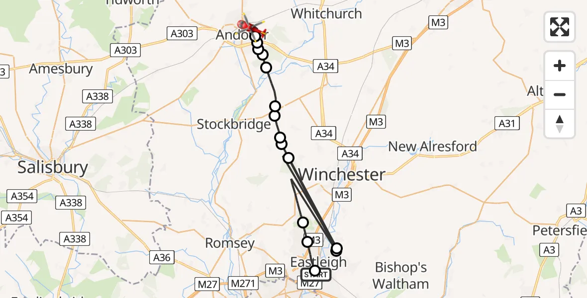 Flight route Air Ambulance Helicopter Southampton Airport - Andover, 15 August 2026, 06:59