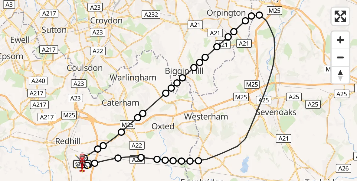 Flight route Air Ambulance Helicopter Redhill Aerodrome - Redhill Aerodrome, 15 August 2026, 07:25