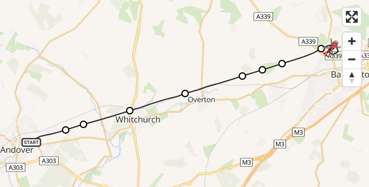 Flight route Air Ambulance Helicopter Andover - Basingstoke, 15 August 2026, 07:57