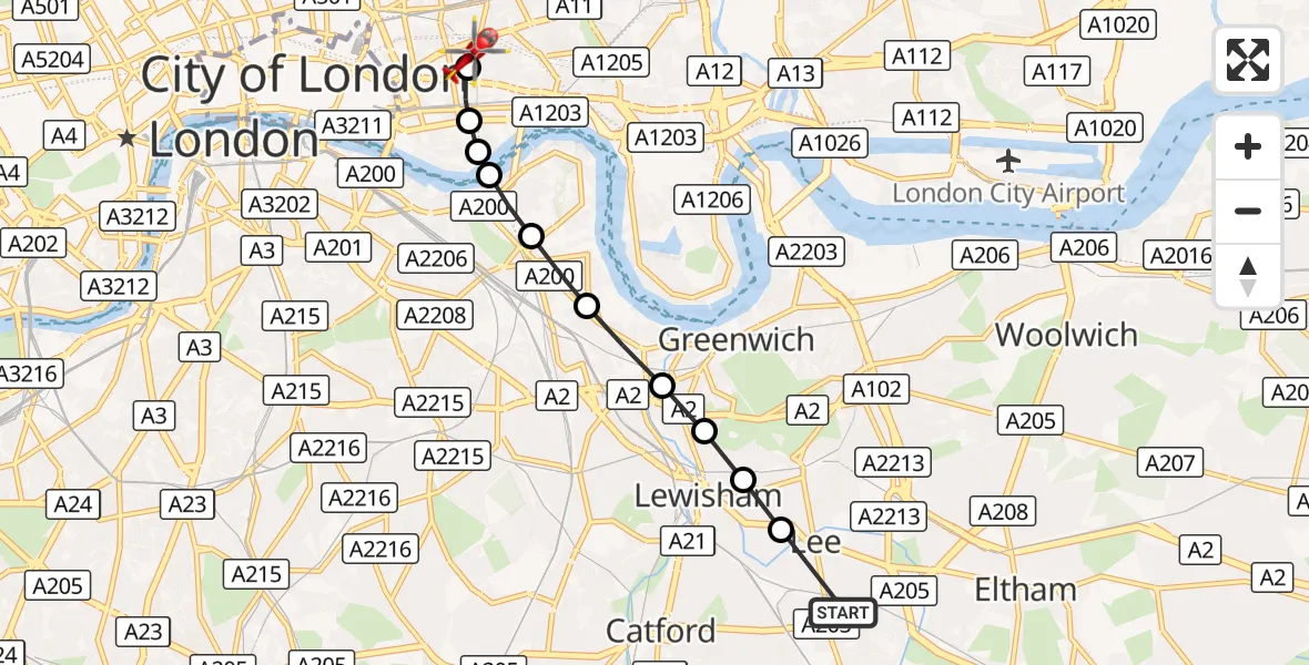 Flight route Air Ambulance Helicopter Hither Green - Royal London Hospital, 15 August 2026, 08:43