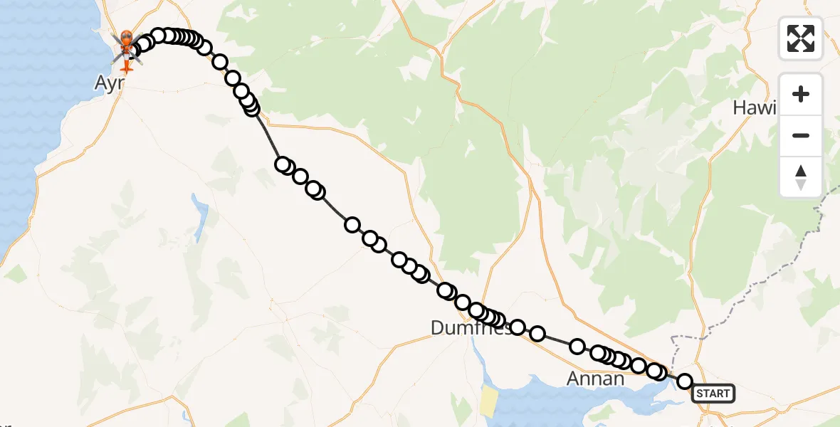 Flight route Coastguard Helicopter Westlinton - Glasgow Prestwick Airport, 15 August 2026, 08:43