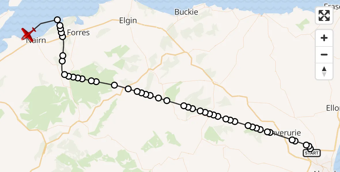 Flight route Air Ambulance Aircraft Dyce and Stoneywood - North Sea, 15 August 2026, 08:44