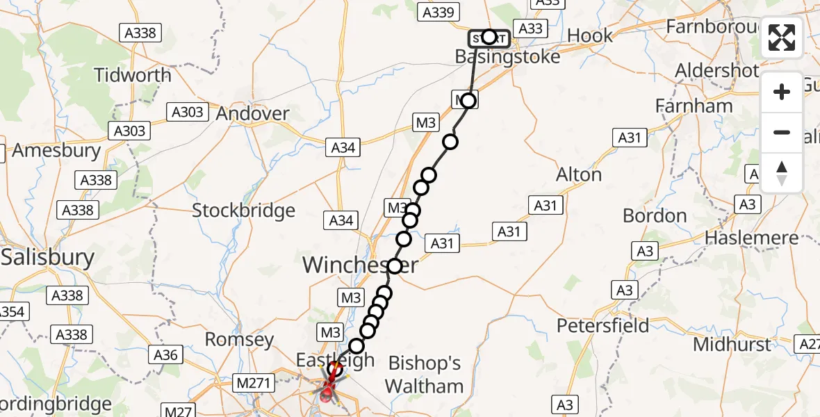 Flight route Air Ambulance Helicopter North Hampshire Hospital - Southampton Airport, 15 August 2026, 08:44