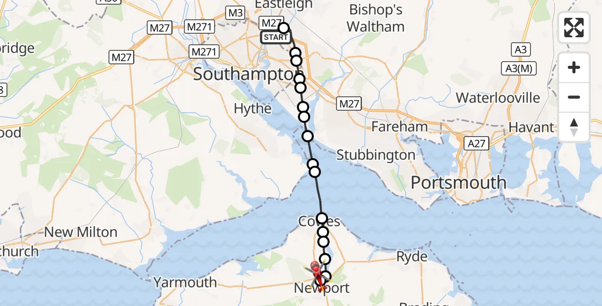 Flight route Air Ambulance Helicopter Southampton Airport - St Marys Hospital Isle Of Wight, 15 August 2026, 08:57