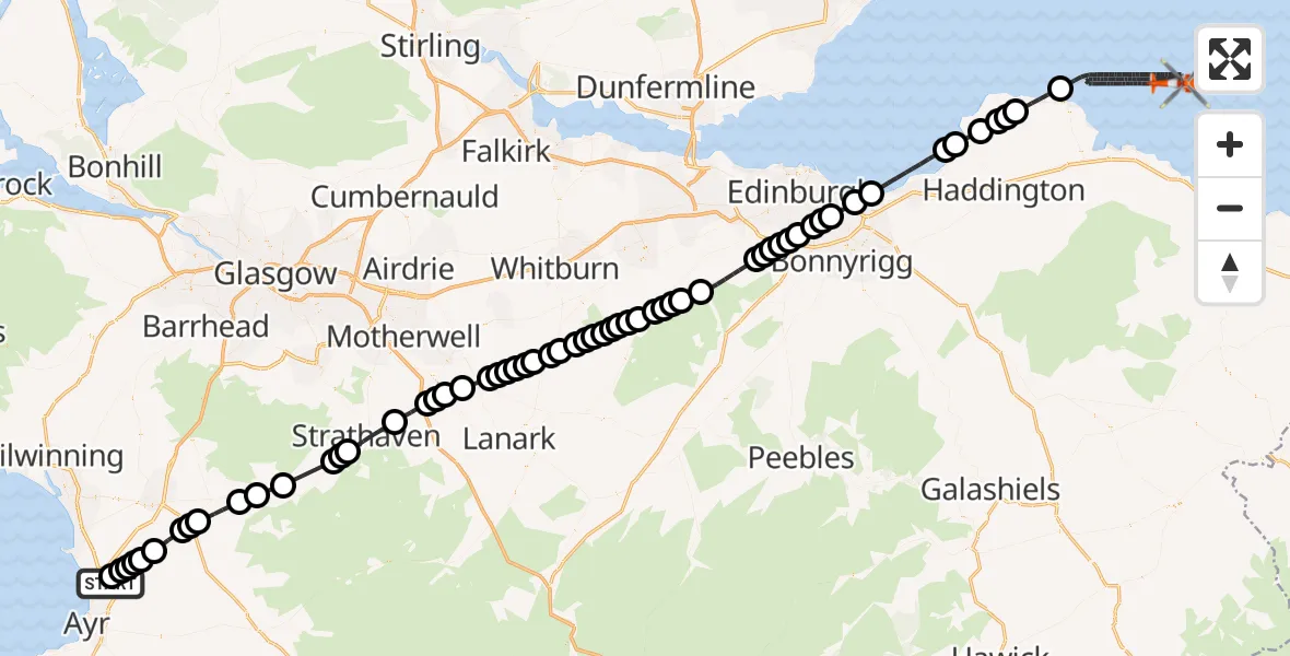 Flight route Coastguard Helicopter Glasgow Prestwick Airport - North Sea, 15 August 2026, 09:07