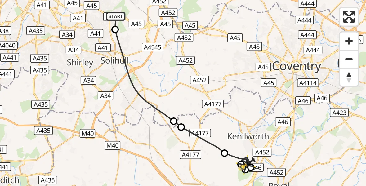 Flight route Police Helicopter Sheldon - Kenilworth, 15 August 2026, 09:23