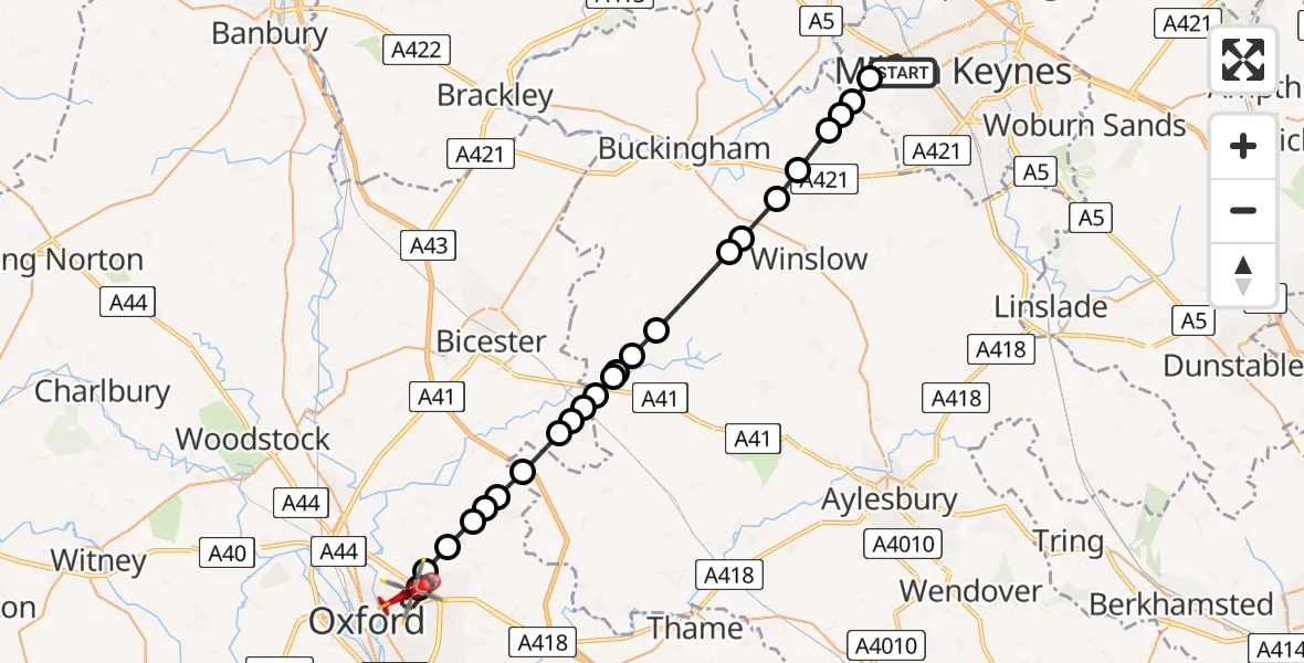 Flight route Air Ambulance Helicopter Wolverton - Oxford, 15 August 2026, 09:34