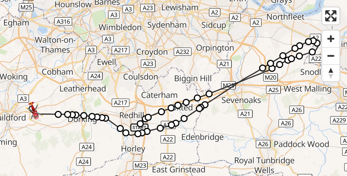 Flight route Air Ambulance Helicopter Redhill Aerodrome - Guildford, 15 August 2026, 09:38