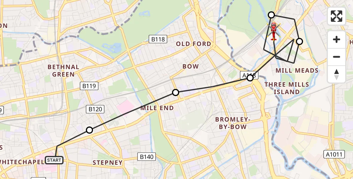 Flight route Air Ambulance Helicopter Royal London Hospital - Bow, 15 August 2026, 09:51