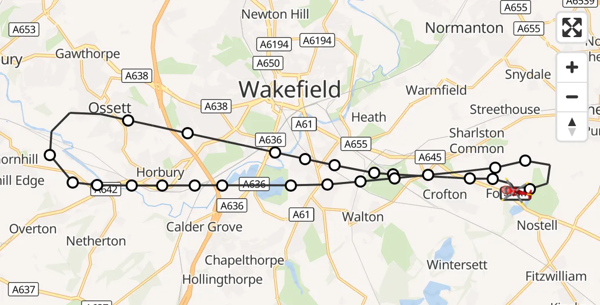 Flight route Air Ambulance Helicopter YAA Nostell Helicopter Port - YAA Nostell Helicopter Port, 15 August 2026, 10:01