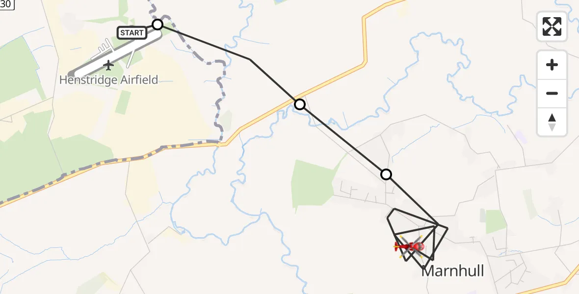 Flight route Air Ambulance Helicopter Henstridge Airfield - Marnhull, 15 August 2026, 10:07