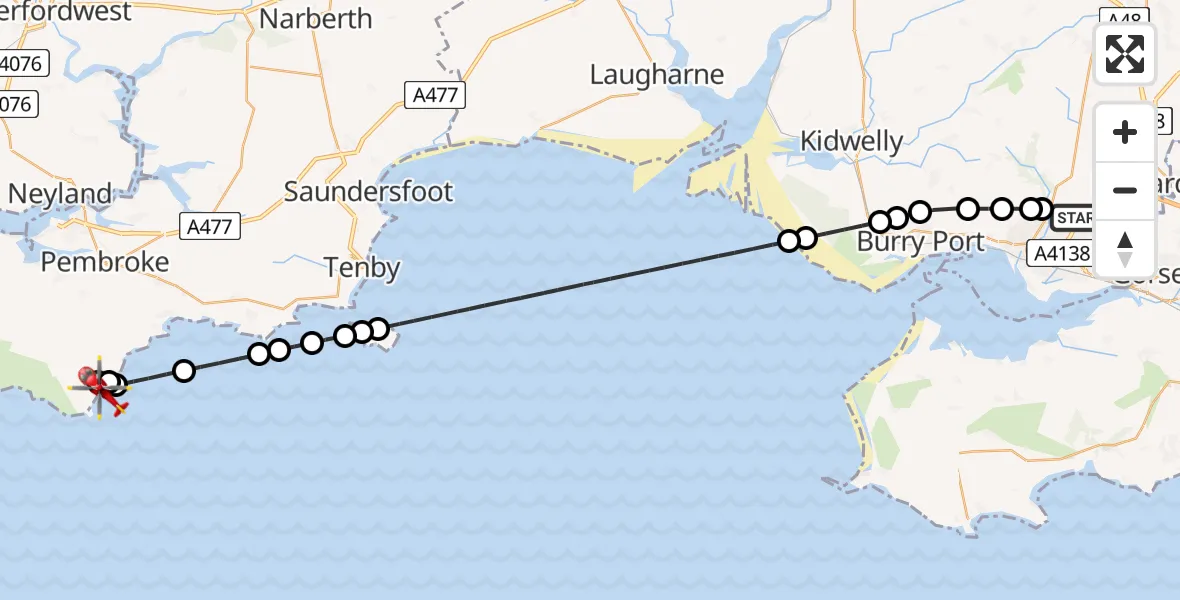 Flight route Air Ambulance Helicopter Dafen - Stackpole and Castlemartin, 15 August 2026, 10:15