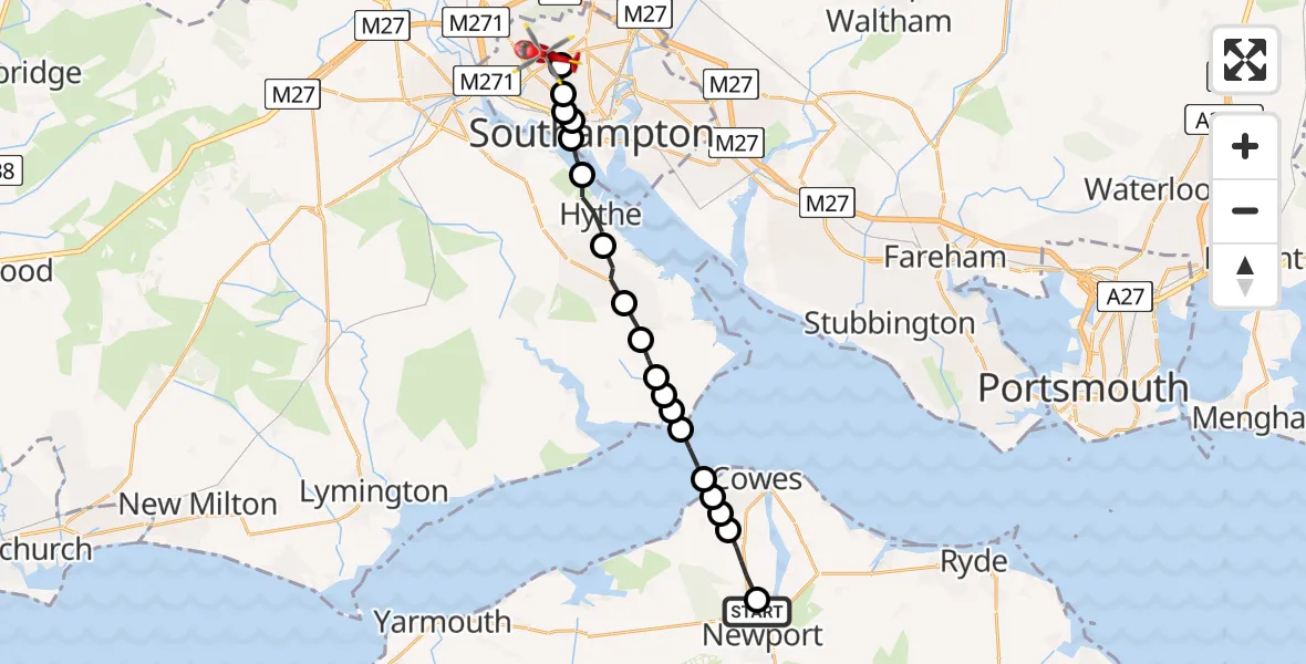 Flight route Air Ambulance Helicopter St Marys Hospital Isle Of Wight - University Hospital Southampton, 15 August 2026, 10:18