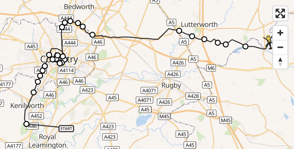 Flight route Police Helicopter Warwick - Harborough, 15 August 2026, 10:20