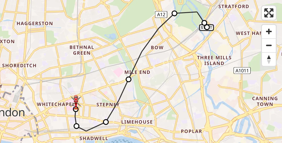 Flight route Air Ambulance Helicopter Stratford - Royal London Hospital, 15 August 2026, 10:25
