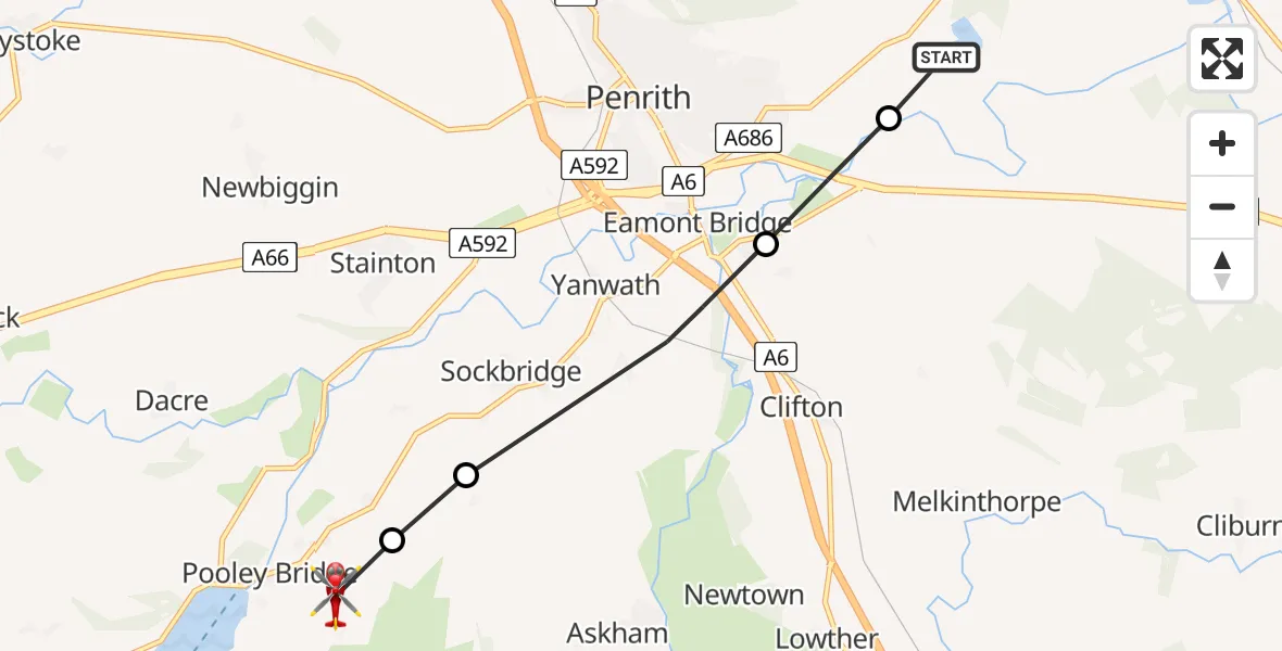 Flight route Air Ambulance Helicopter Penrith - Pooley Bridge, 15 August 2026, 10:27