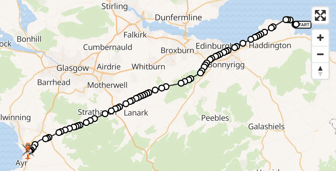 Flight route Coastguard Helicopter North Sea - Glasgow Prestwick Airport, 15 August 2026, 10:32