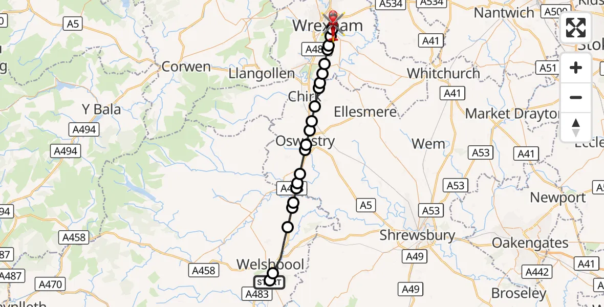 Flight route Air Ambulance Helicopter Welshpool Airport - Caia Park, 15 August 2026, 10:52