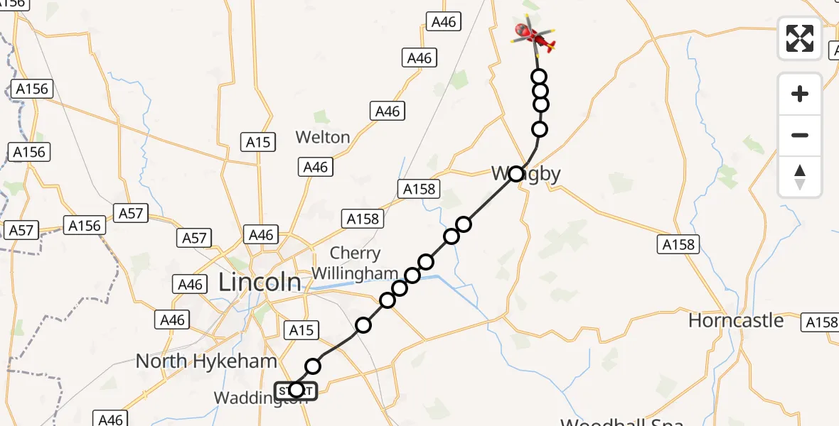 Flight route Air Ambulance Helicopter RAF Waddington - West Lindsey, 15 August 2026, 10:54