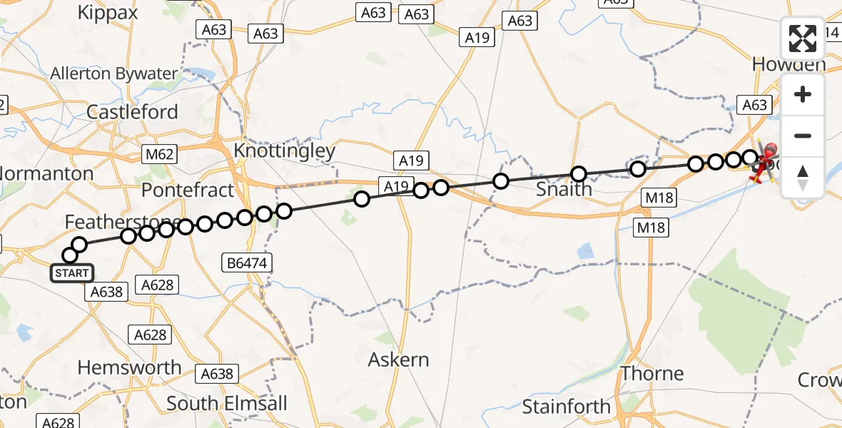 Flight route Air Ambulance Helicopter YAA Nostell Helicopter Port - Goole, 15 August 2026, 11:13