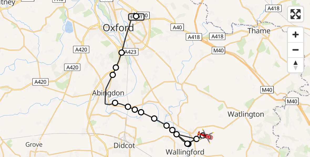 Flight route Air Ambulance Helicopter John Radcliffe Hospital - RAF Benson, 15 August 2026, 11:13
