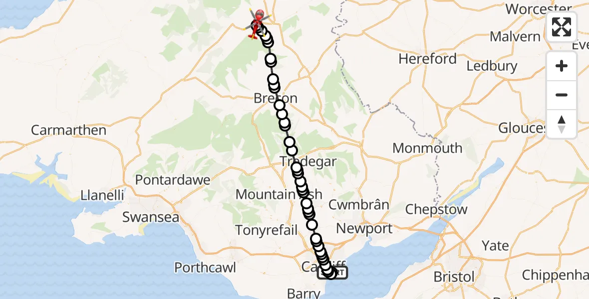 Flight route Air Ambulance Helicopter Cardiff Heliport - Llanfechan, 15 August 2026, 11:14