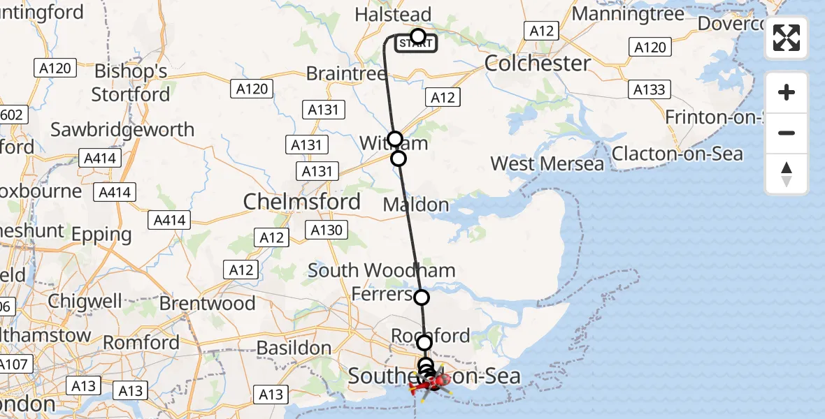 Flight route Air Ambulance Helicopter Earls Colne Airfield - Westcliff-on-Sea, 15 August 2026, 11:19