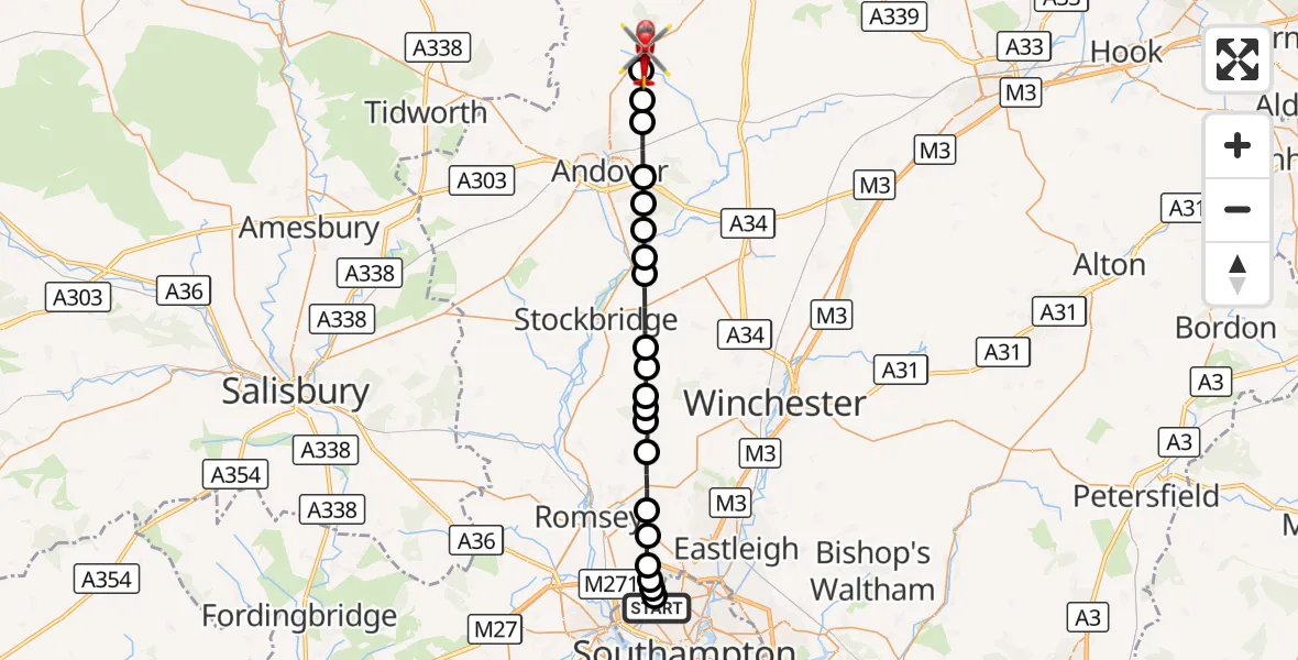 Flight route Air Ambulance Helicopter University Hospital Southampton - Hurstbourne Tarrant, 15 August 2026, 11:27
