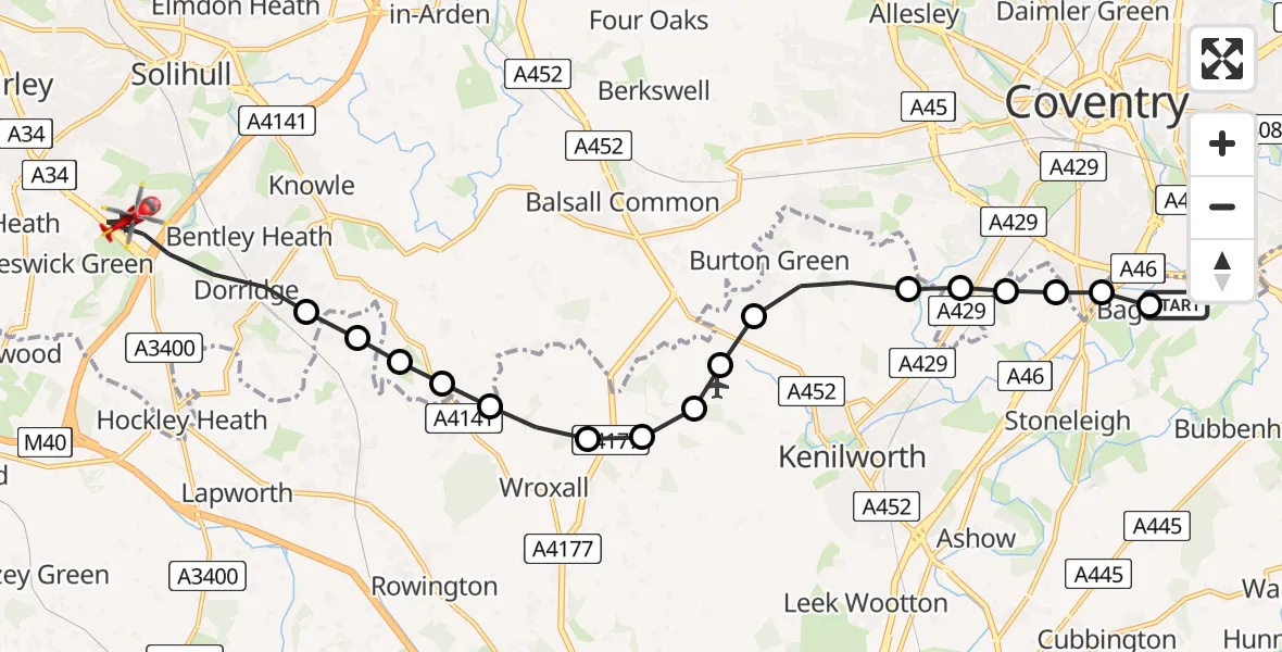Flight route Air Ambulance Helicopter Coventry Airport - Solihull, 15 August 2026, 11:34