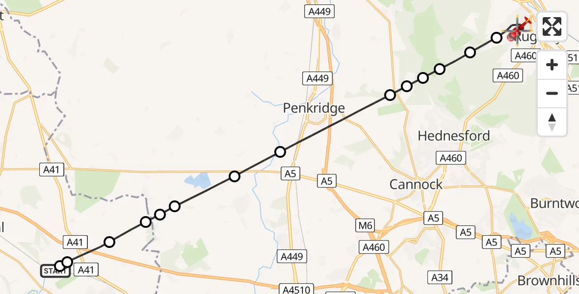 Flight route Air Ambulance Helicopter RAF Cosford - Rugeley, 15 August 2026, 11:40