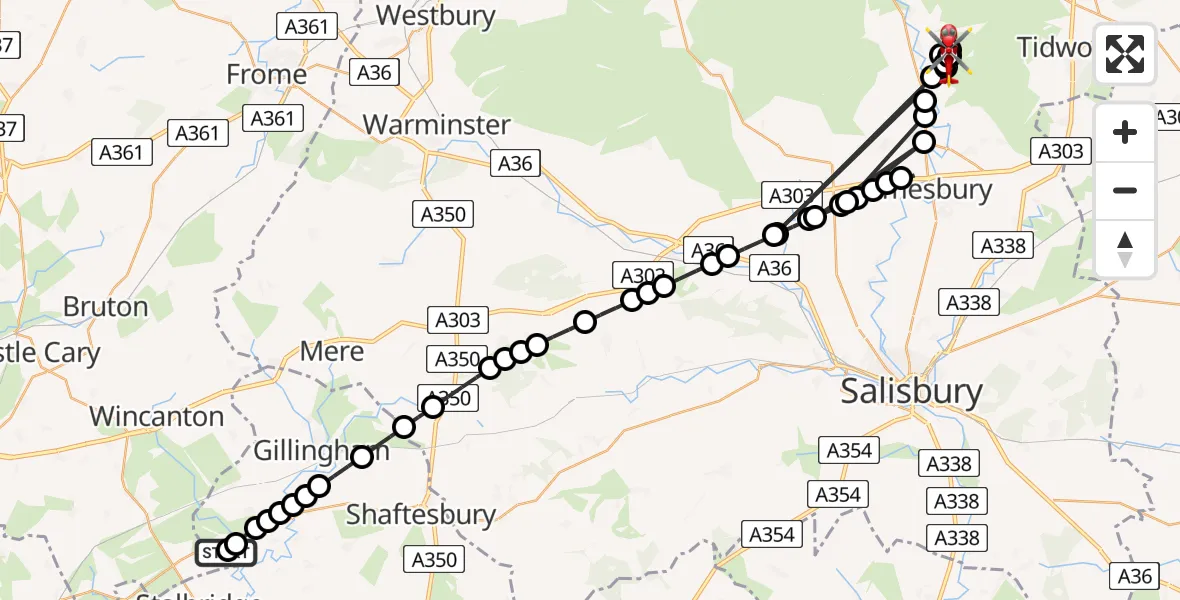 Flight route Air Ambulance Helicopter Henstridge Airfield - Haxton, 15 August 2026, 11:40