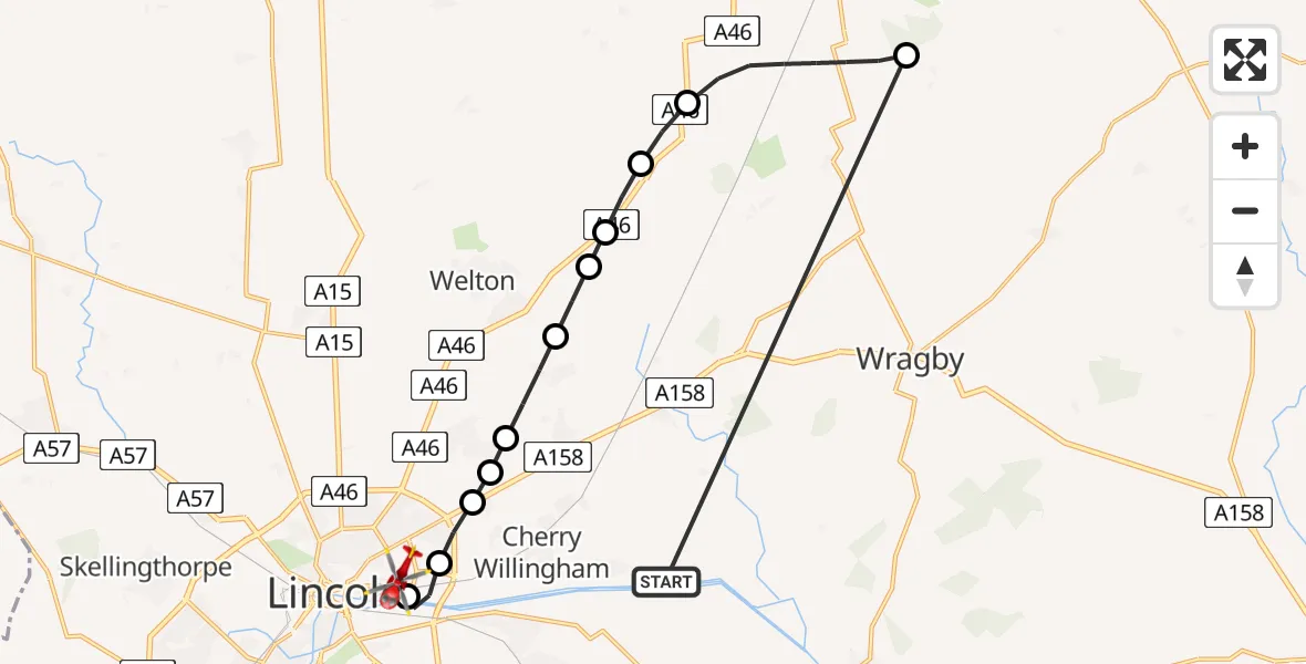 Flight route Air Ambulance Helicopter Fiskerton - Bracebridge, 15 August 2026, 11:40