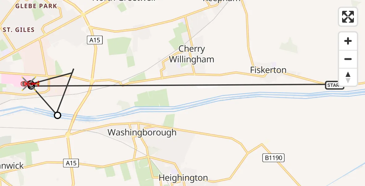 Flight route Air Ambulance Helicopter Fiskerton - Bracebridge, 15 August 2026, 11:51