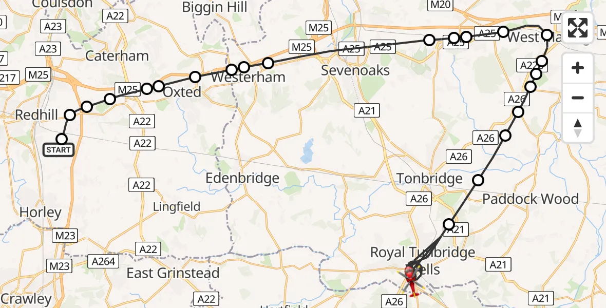 Flight route Air Ambulance Helicopter Redhill Aerodrome - Royal Tunbridge Wells, 15 August 2026, 11:52