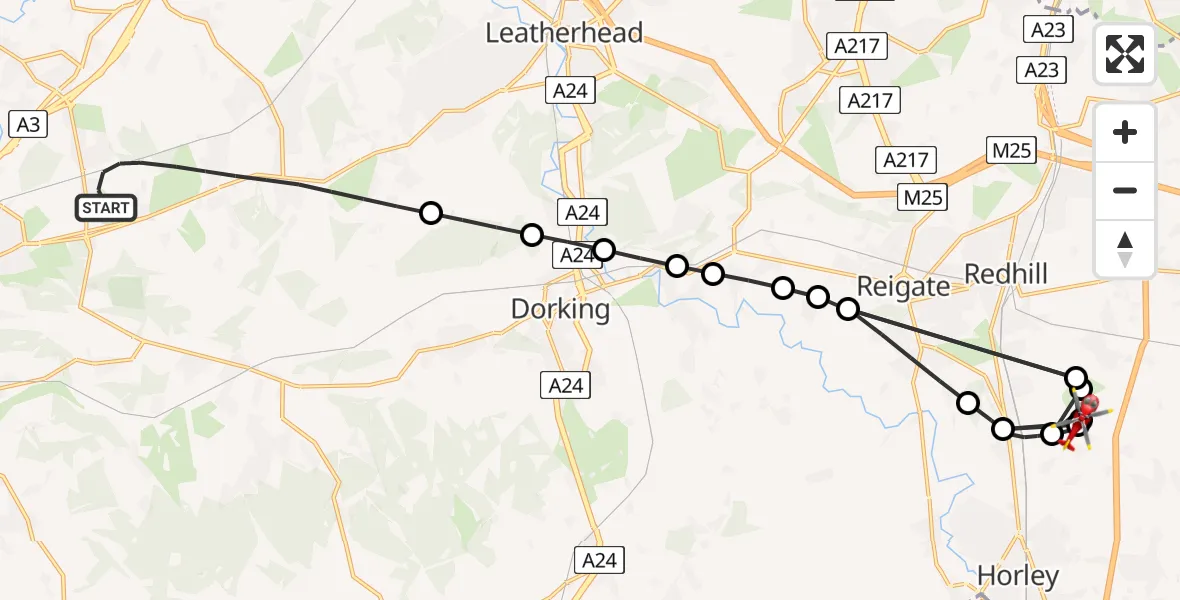 Flight route Air Ambulance Helicopter Guildford - Tandridge, 15 August 2026, 11:57