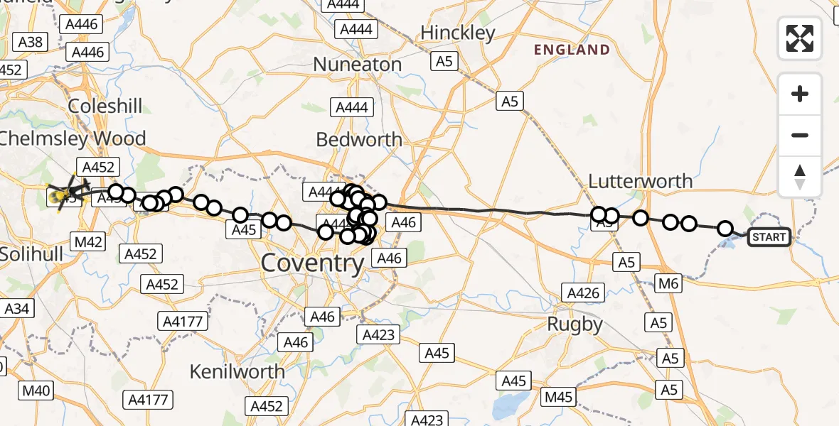 Flight route Police Helicopter Welford - Birmingham Airport, 15 August 2026, 11:59