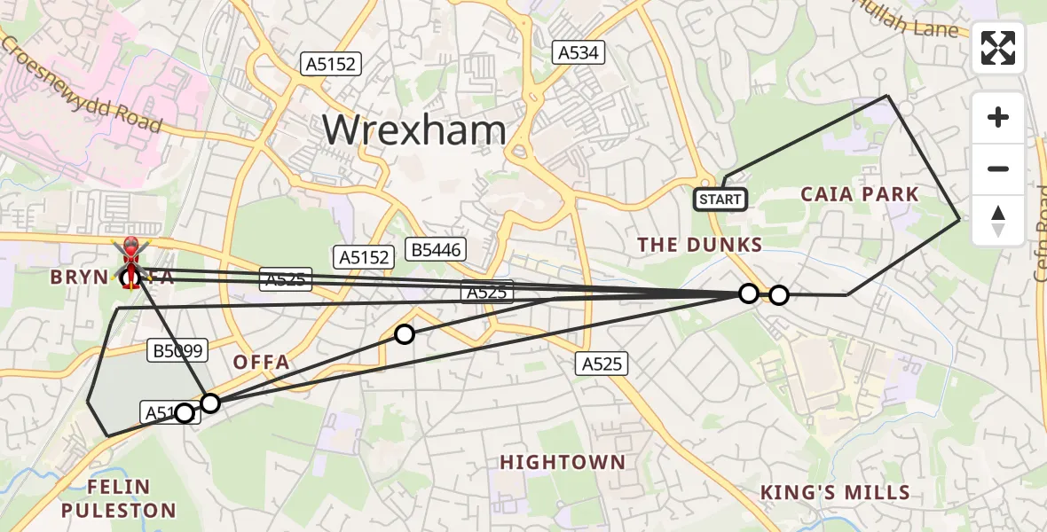 Flight route Air Ambulance Helicopter Caia Park - Felin Puleston, 15 August 2026, 12:02