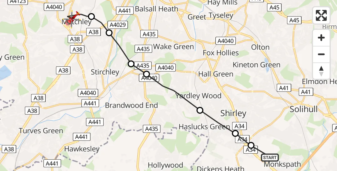 Flight route Air Ambulance Helicopter Solihull - Metchley, 15 August 2026, 12:06