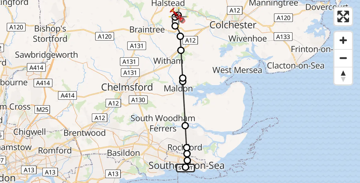 Flight route Air Ambulance Helicopter Westcliff-on-Sea - Earls Colne Airfield, 15 August 2026, 12:07