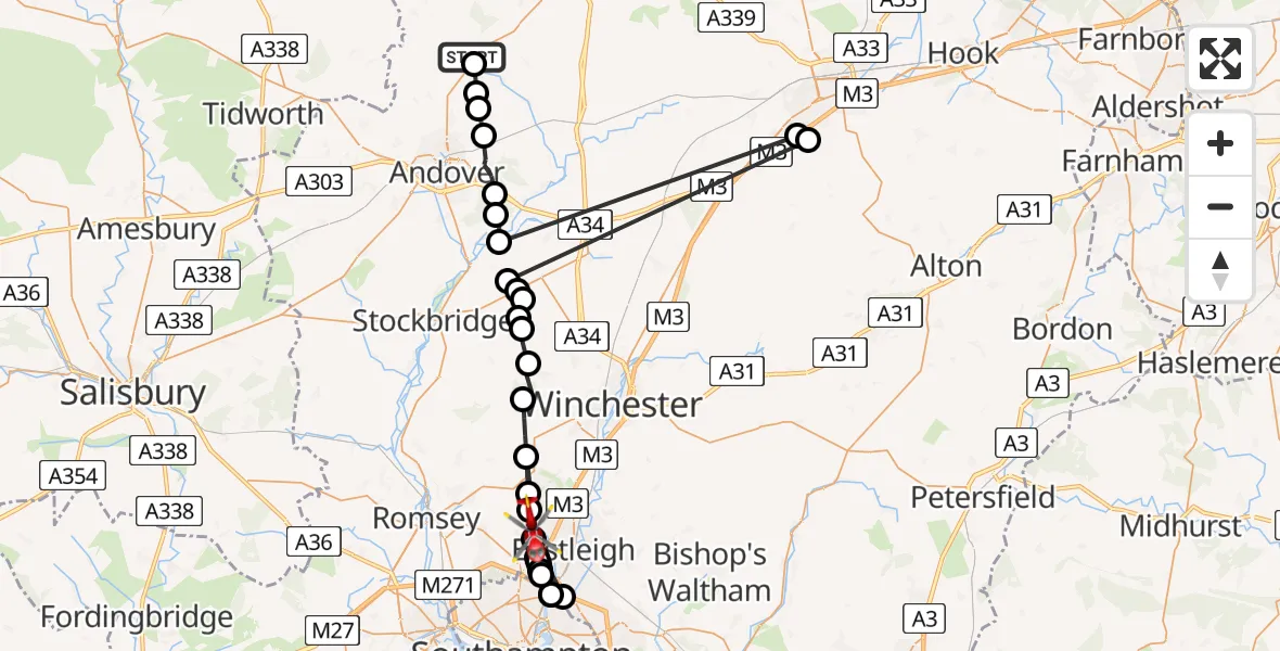 Flight route Air Ambulance Helicopter Ibthorpe - Chandler's Ford, 15 August 2026, 12:09