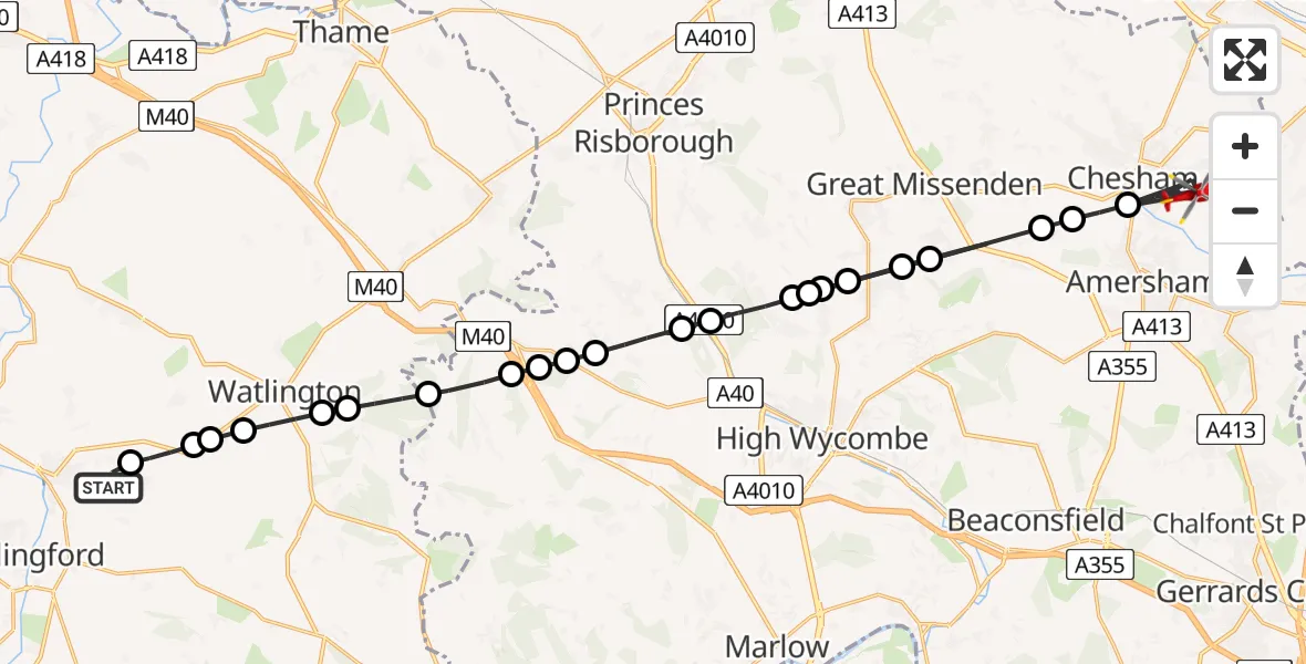 Flight route Air Ambulance Helicopter RAF Benson - Chesham, 15 August 2026, 12:21