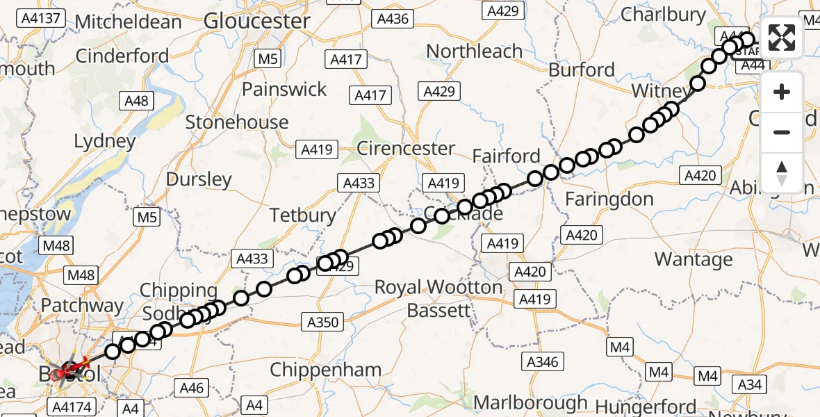 Flight route Air Ambulance Helicopter London Oxford Airport - Bristol Royal Infirmary, 15 August 2026, 12:23