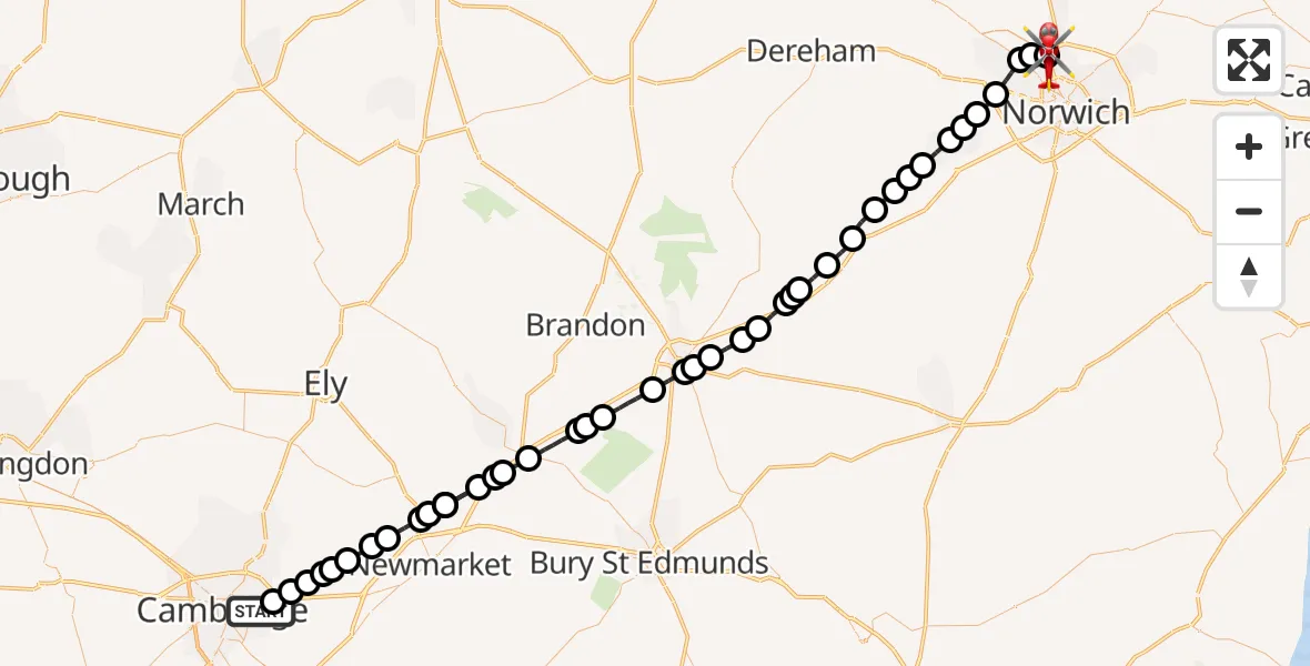Flight route Air Ambulance Helicopter Cambridge City Airport - Norwich Airport, 15 August 2026, 12:26