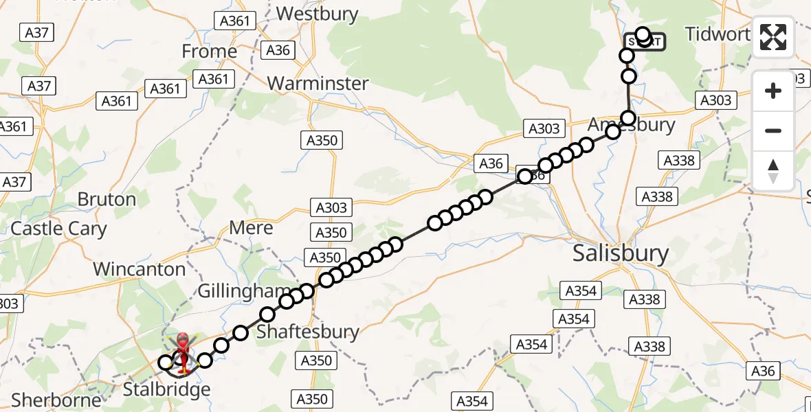 Flight route Air Ambulance Helicopter Netheravon Airfield - Henstridge Airfield, 15 August 2026, 12:28
