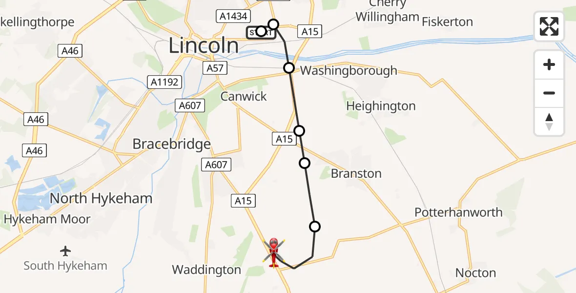 Flight route Air Ambulance Helicopter Lincoln County Trauma Unit - North Kesteven, 15 August 2026, 12:42