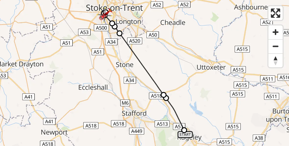 Flight route Air Ambulance Helicopter Rugeley - University Hospital North Staffs, 15 August 2026, 12:43